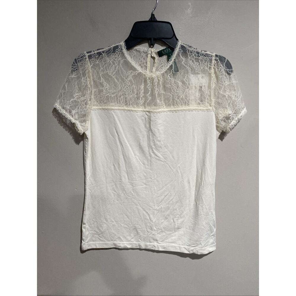 Ralph Lauren Womens Ivory Lace Top Sleeves Short Sleeve Top Shirt Sz Sm